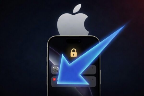 صورة لهاتف آيفون ضمن تحديث آبل الأمني الجديد يظهر عليه رمز قفل وسهم يشير إلى مركز الإشعارات مع شعار آبل في الخلفية للدلالة على الأمان الرقمي.