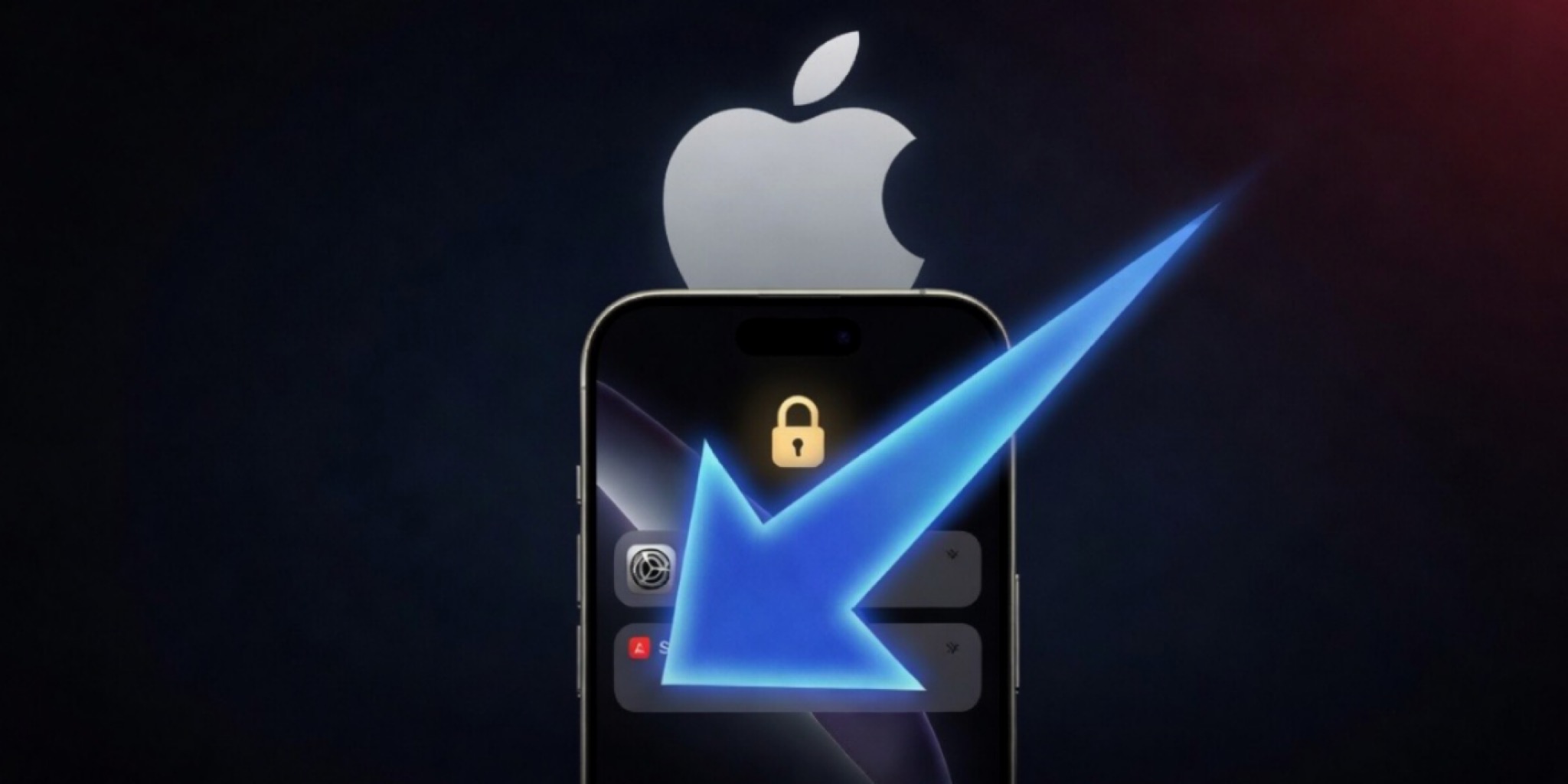 صورة لهاتف آيفون ضمن تحديث آبل الأمني الجديد يظهر عليه رمز قفل وسهم يشير إلى مركز الإشعارات مع شعار آبل في الخلفية للدلالة على الأمان الرقمي.