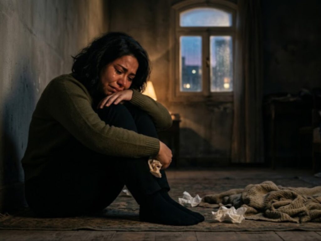 لقطة تعبيرية حزينة للفنانة شيرين عبد الوهاب وهي تجلس منحنية وتبكي وتخبئ وجهها في يديها داخل غرفة مظلمة ترمز للانعزال والألم.