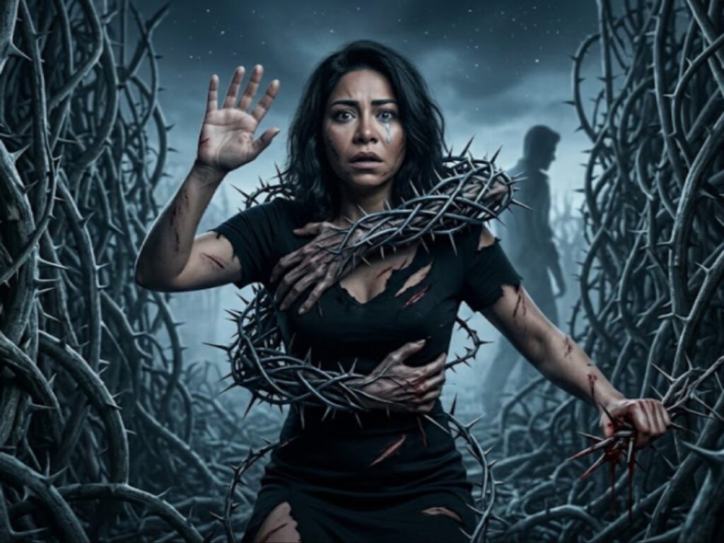 صورة فنية تعبيرية ومأساوية تظهر شيرين عبد الوهاب وهي محاطة ومقيدة بأغصان شائكة كثيفة ترمز لأشواك الخذلان كما تأتي به أغنية الحضن شوك.