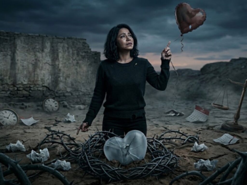 لقطة تعبيرية تظهر شيرين عبد الوهاب تجلس على ركبتيها وتبكي بحزن شديد في صحراء متشققة قاحلة وتطلق بالوناً فارغاً، في مشهد يرمز لآلام الخذلان وجفاف الروح في أغنية الحضن شوك.