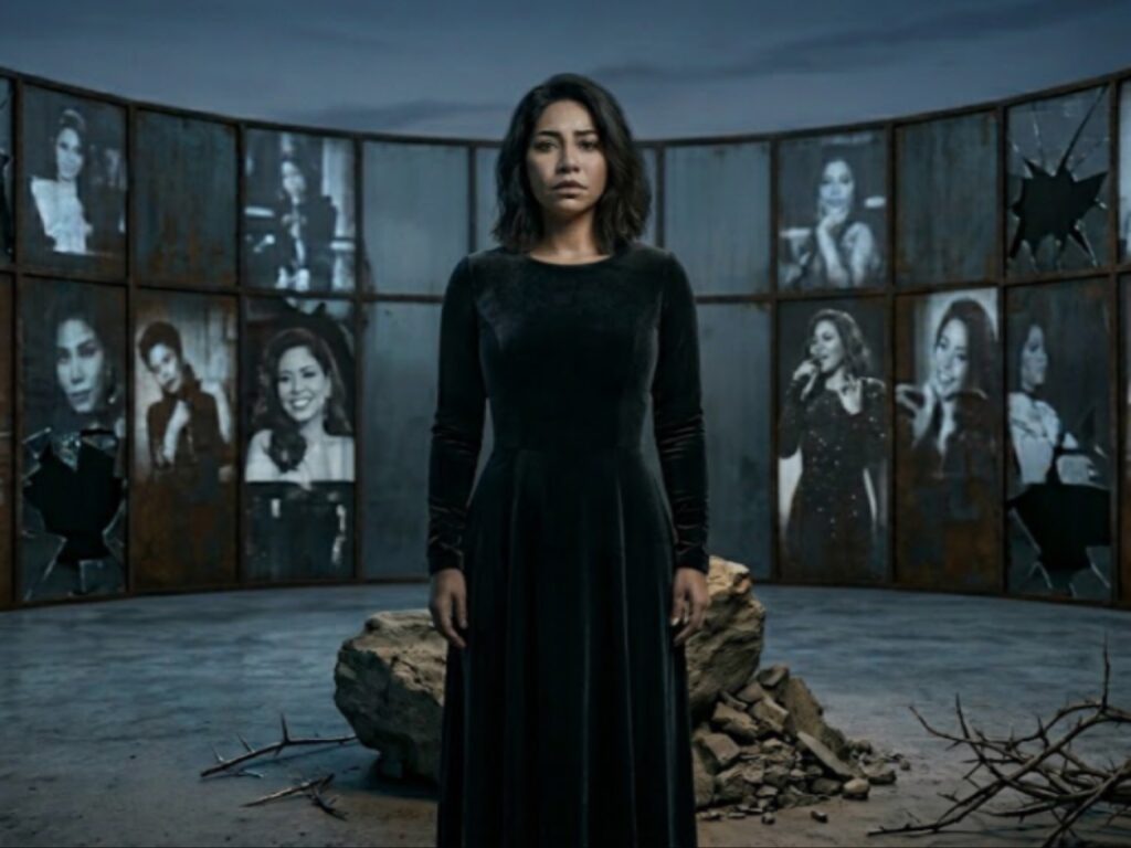 لوحة فنية تعبيرية تظهر الفنانة شيرين عبد الوهاب تقف في غرفة يحيط بها جدار مقوس من الإطارات المعدنية المكسورة التي تحتوي على صور قديمة لها.