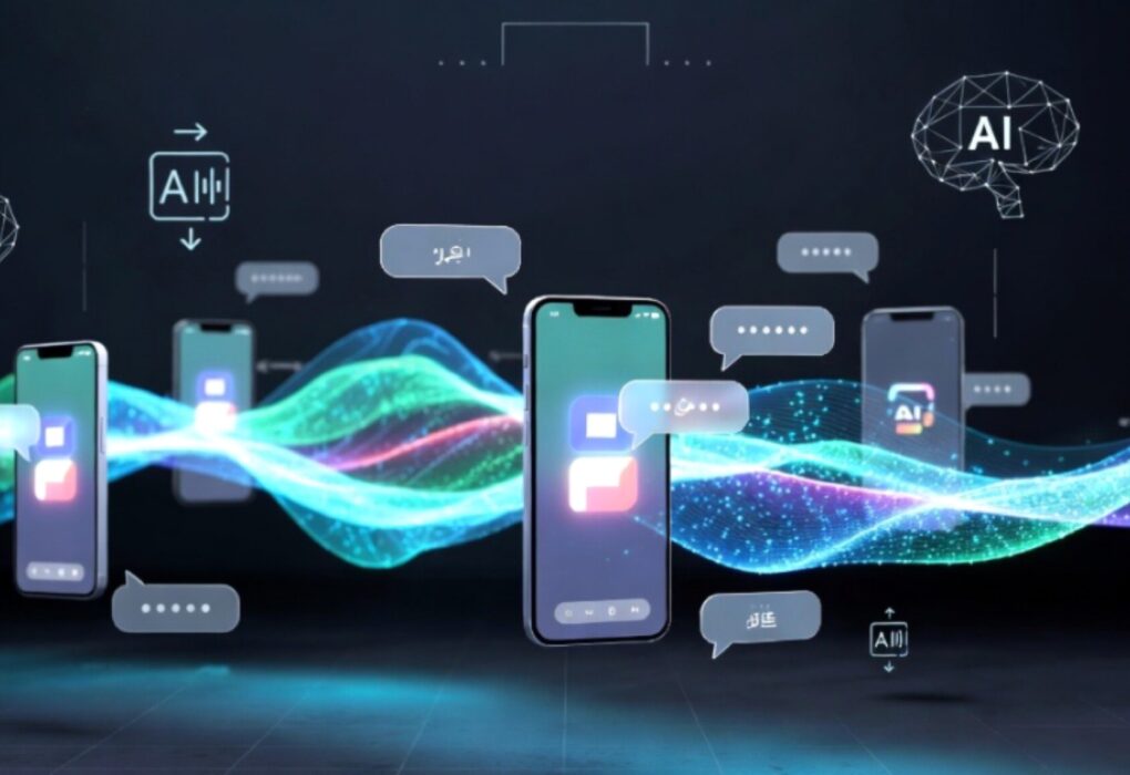 ترجمة جوجل ميت الصوتية على الهواتف الذكية مع أمواج صوتية رقمية تظهر الترجمة الفورية بين اللغات المختلفة 2026.