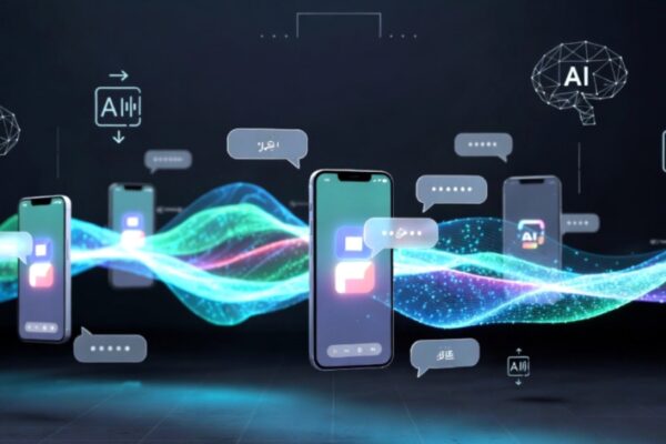 ترجمة جوجل ميت الصوتية على الهواتف الذكية مع أمواج صوتية رقمية تظهر الترجمة الفورية بين اللغات المختلفة 2026.