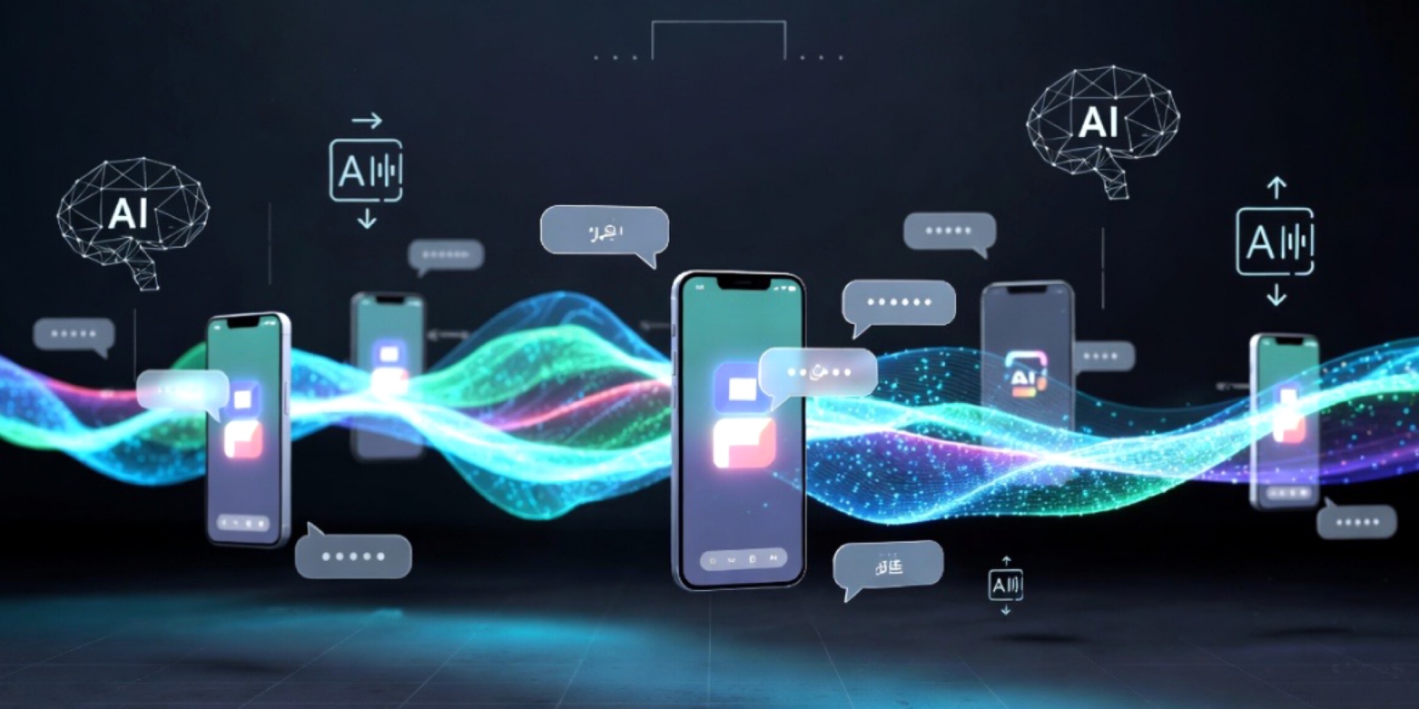 ترجمة جوجل ميت الصوتية على الهواتف الذكية مع أمواج صوتية رقمية تظهر الترجمة الفورية بين اللغات المختلفة 2026.