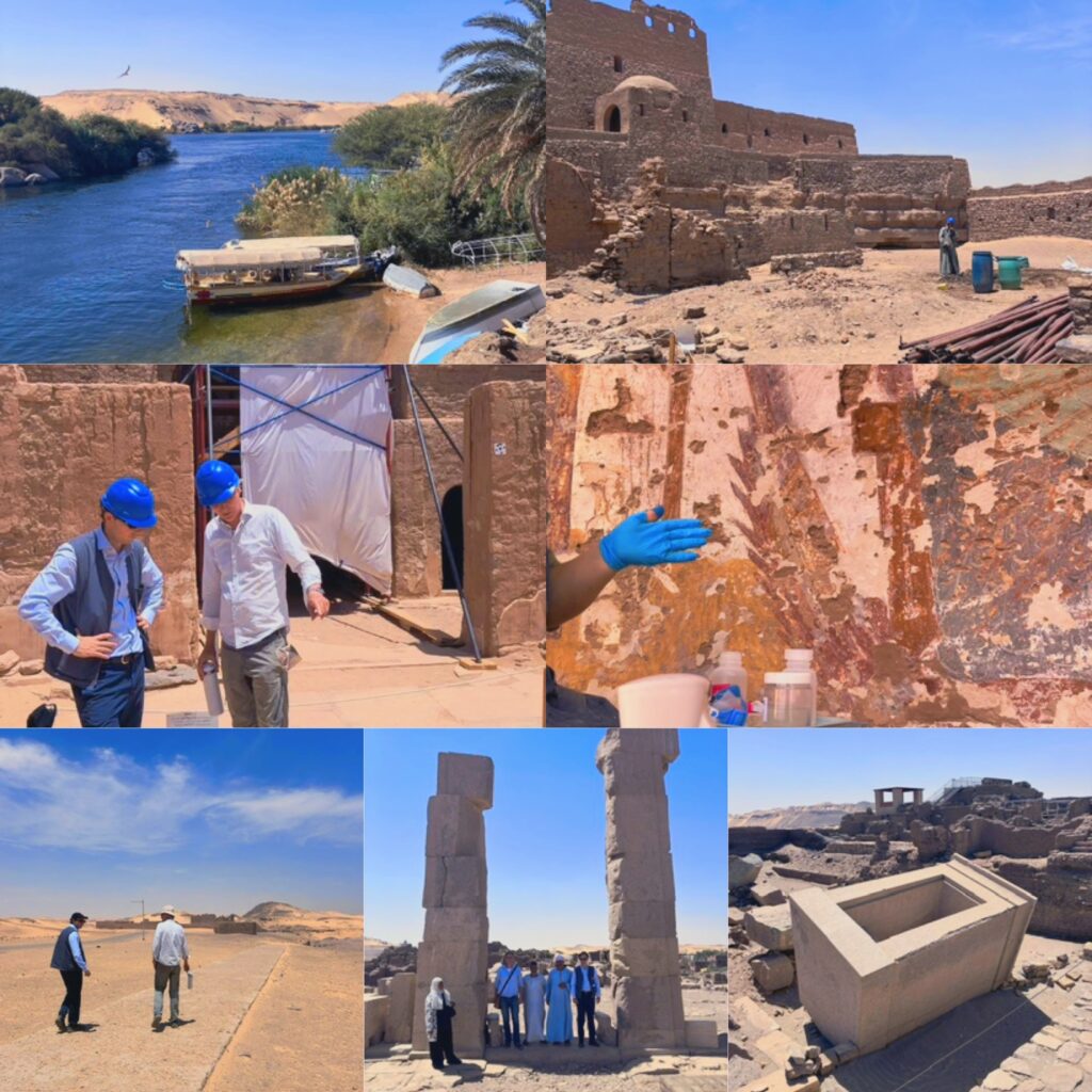 مجموعة صور مركبة توثق أعمال الحفاظ على التراث والبحث الأثري في جزيرة الفنتين ودير الأنبا هدرا في مصر، ضمن جهود التعاون المشترك الذي تدعمه الثقافة الألمانية والمعهد الألماني للآثار. تشمل الصور فحص النقوش الجدارية من قبل مفتشين يرتدون خوذات زرقاء، وأعمال الصيانة في المواقع الأثرية، وزيارات الوفود.