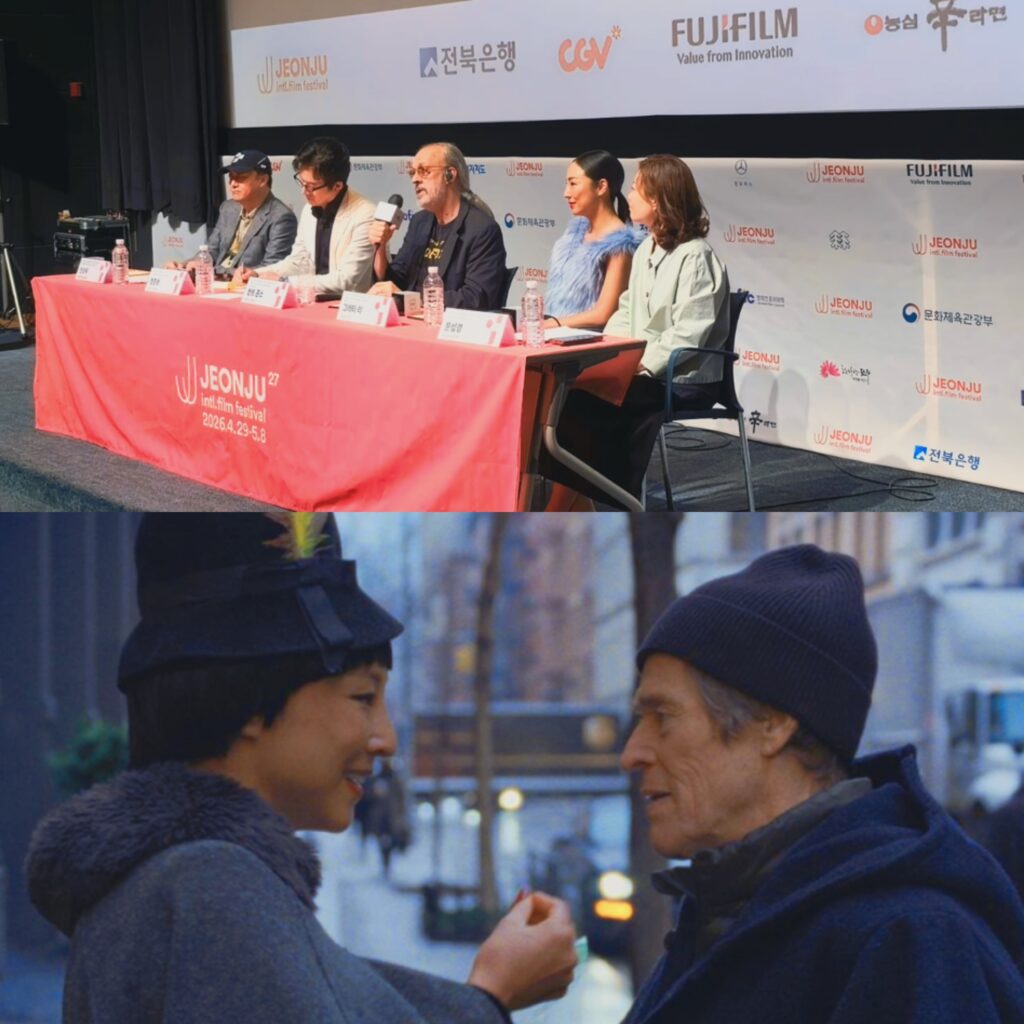 عرض ملصق فيلم شهرة متأخرة وتواجد المخرج كينت جونز وفريق العمل على المنصة خلال المؤتمر الصحفي الرسمي.