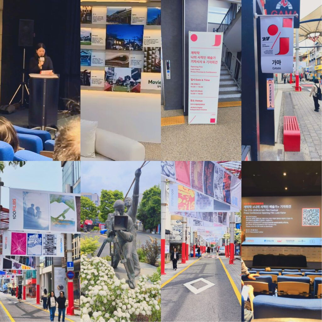 مظاهر مهرجان جونجو السينمائي تشمل لافتات فيلم ليت فيم، تمثال السينمائي، وأجواء المؤتمرات الصحفية.