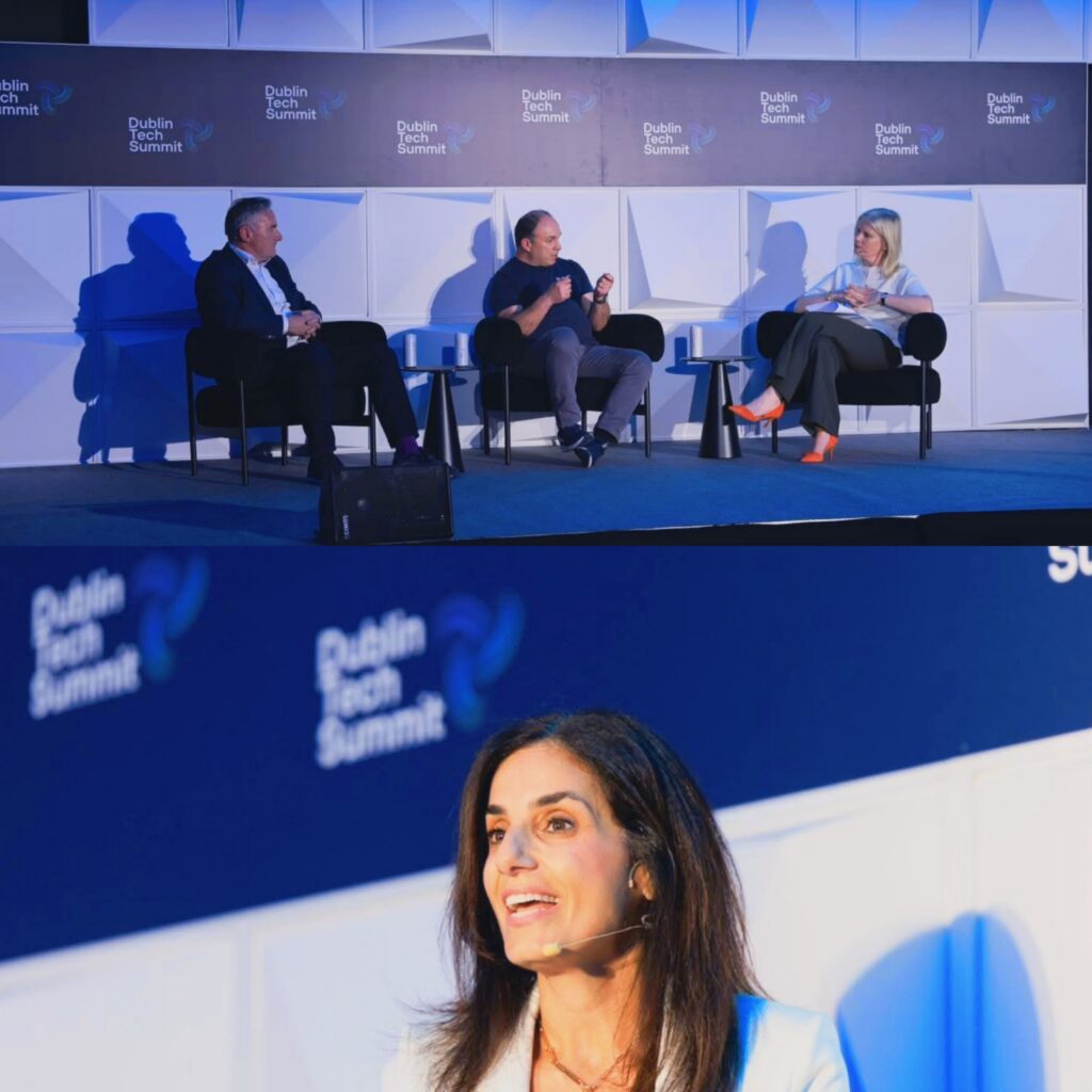لقطتان مقسمتان تركزان على عروض المسرح في ختام قمة دبلن للتكنولوجيا 2026؛ تظهر إحداهما حلقة نقاش رئيسية، والأخرى لقطة مقربة لمتحدثة بارزة تخاطب الجمهور مع ظهور شعارات الحدث في الخلفية