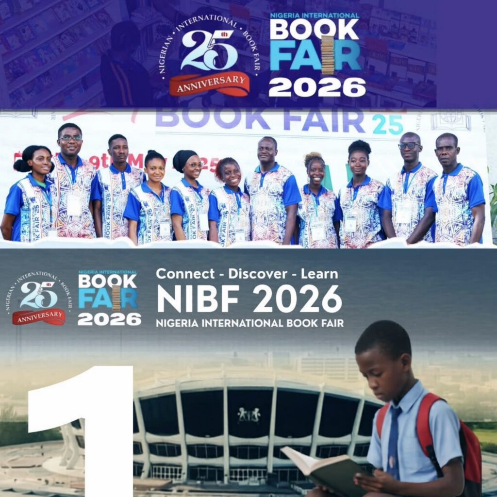 تصميم مجمع يبرز شعار اليوبيل الفضي لفعاليات معرض نيجيريا الدولي للكتاب لعام 2026، ويضم صورة جماعية لفريق التنظيم ولقطة لطفل يقرأ أمام مبنى مركز وولي سوينكا الثقافي.