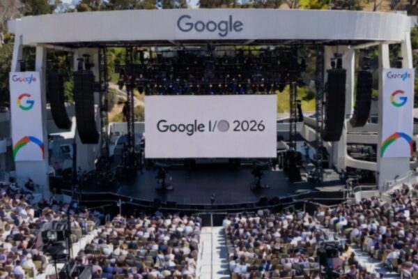 صورة تخيلية واسعة تم توليدها بالذكاء الاصطناعي تعرض تصوراً فنياً لخشبة مسرح Shoreline Amphitheatre المفتوح والمدرجات الممتلئة بآلاف الأشخاص الذين يمثلون الحضور، تحت إضاءة درامية، مع شاشة عرض ضخمة تعرض "Google I/O 2026". تم تصميم المسرح بشكل معماري حديث ومدعوم بأعمدة عملاقة، ويحيط بالمكان المساحات الخضراء واللوحات الإعلانية التي تحمل شعار جوجل.