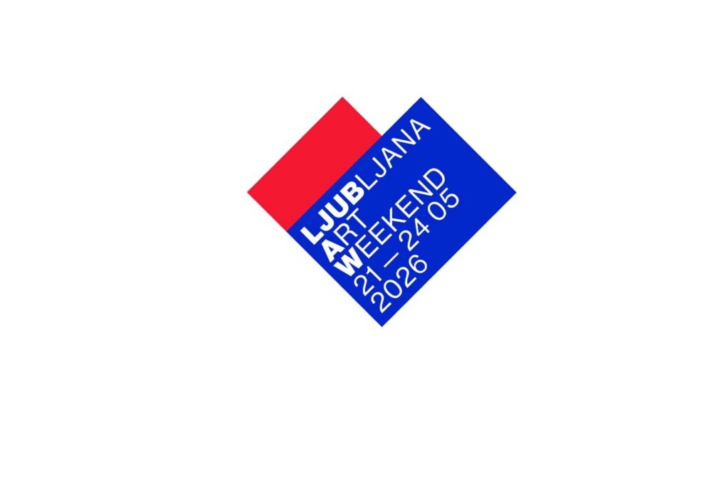 الشعار الرسمي لفعاليات مهرجان Ljubljana Art Weekend بتصميمه الهندسي باللونين الأحمر والأزرق والذي يتضمن تواريخ الدورة الحالية