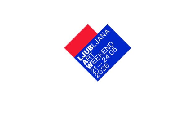 الشعار الرسمي لفعاليات مهرجان Ljubljana Art Weekend بتصميمه الهندسي باللونين الأحمر والأزرق والذي يتضمن تواريخ الدورة الحالية