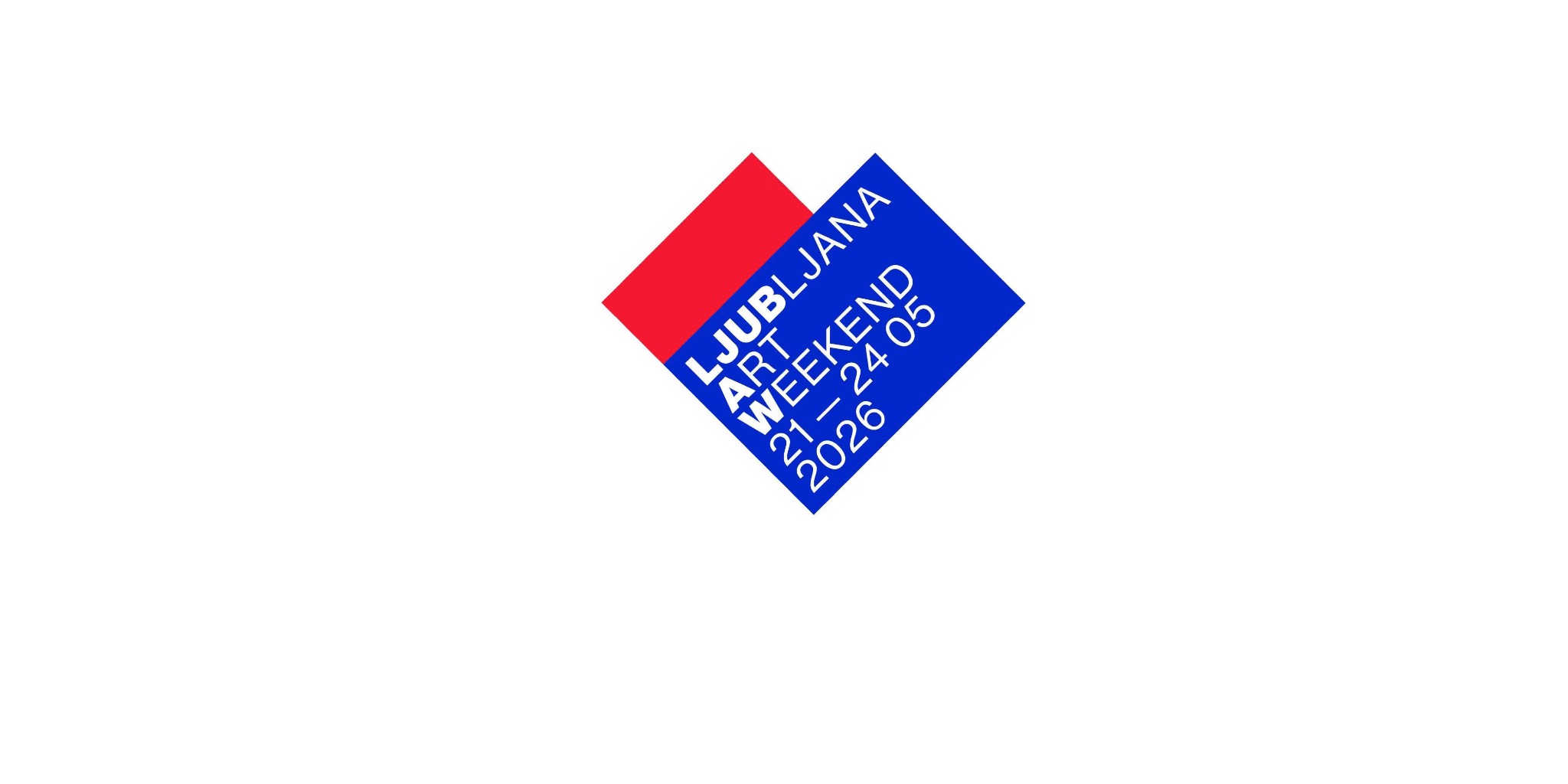 الشعار الرسمي لفعاليات مهرجان Ljubljana Art Weekend بتصميمه الهندسي باللونين الأحمر والأزرق والذي يتضمن تواريخ الدورة الحالية
