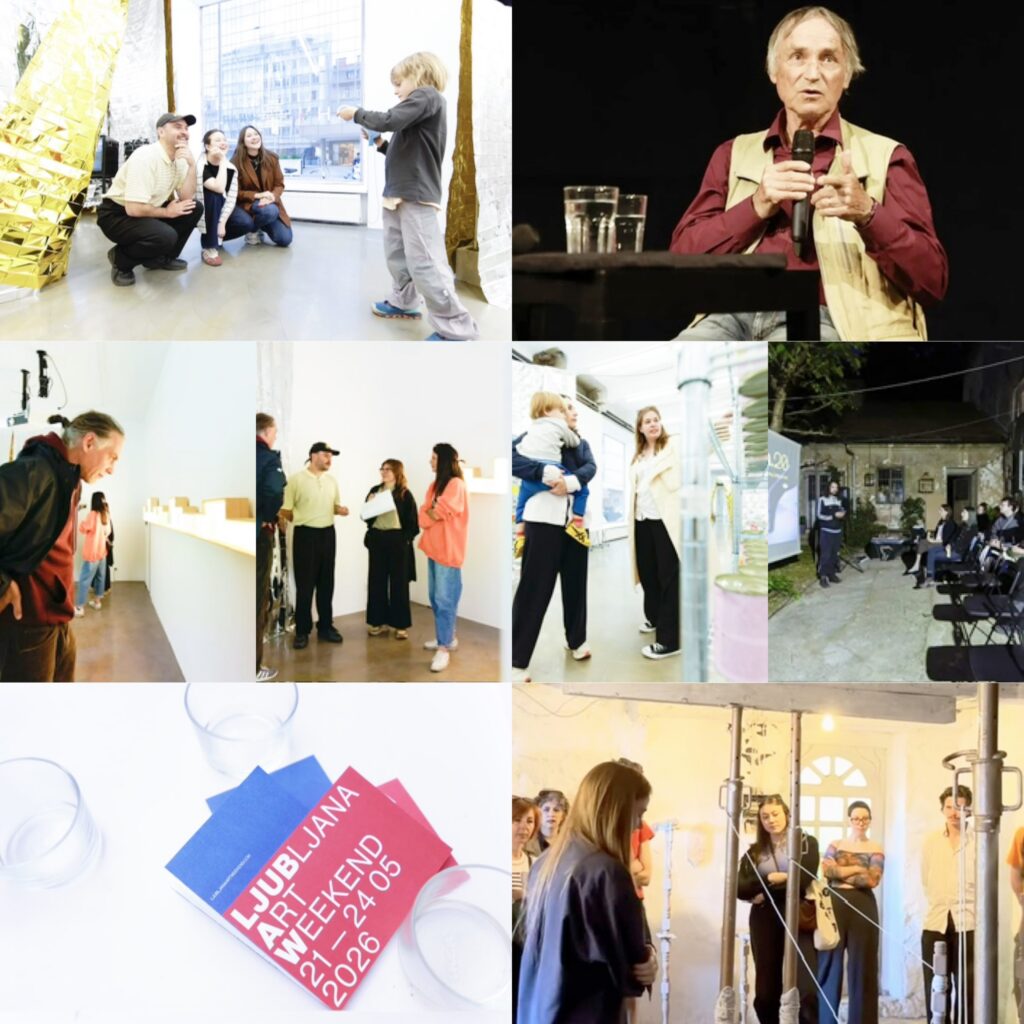 صورة مجمعة من تسع صور ترصد فعاليات مهرجان Ljubljana Art Weekend، بما في ذلك محادثات فنية، وعائلات تشاهد الفن، ومواد ترويجية تحمل تاريخ '2026' وشعار المهرجان، ومشاهد من مساحات عرض مختلفة