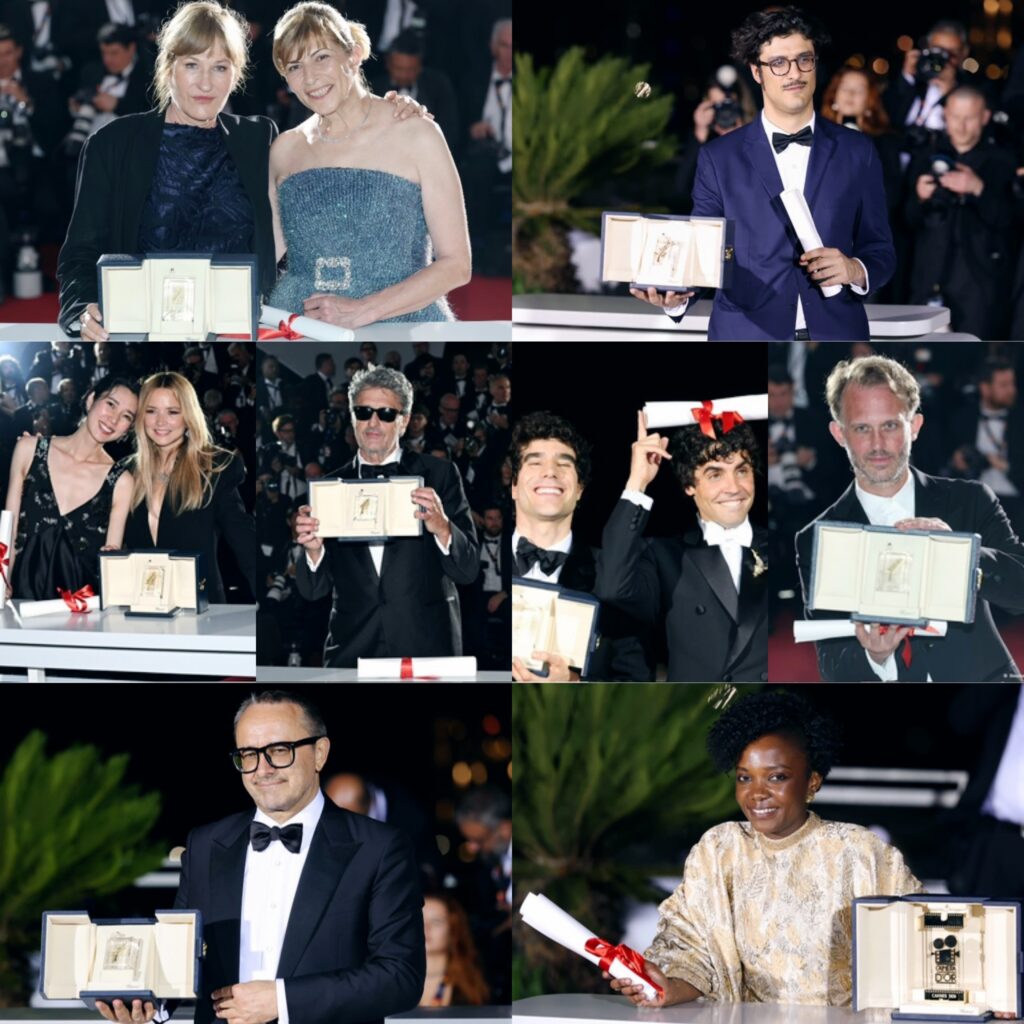 صورة مجمعة تبرز لقطات متنوعة لعدد من أبرز الفائزين بـ جوائز مهرجان كان السينمائي 2026، يظهرون وهم يحملون جوائزهم وشهادات التكريم، ومن بينهم المخرجة ماري كليمنتين دوسابيجامبو الفائزة بالكاميرا الذهبية، والفائزات بجوائز الأداء التمثيلي، ونخبة من صناع السينما العالمية المتوجين في المسابقات الرسمية والموازية