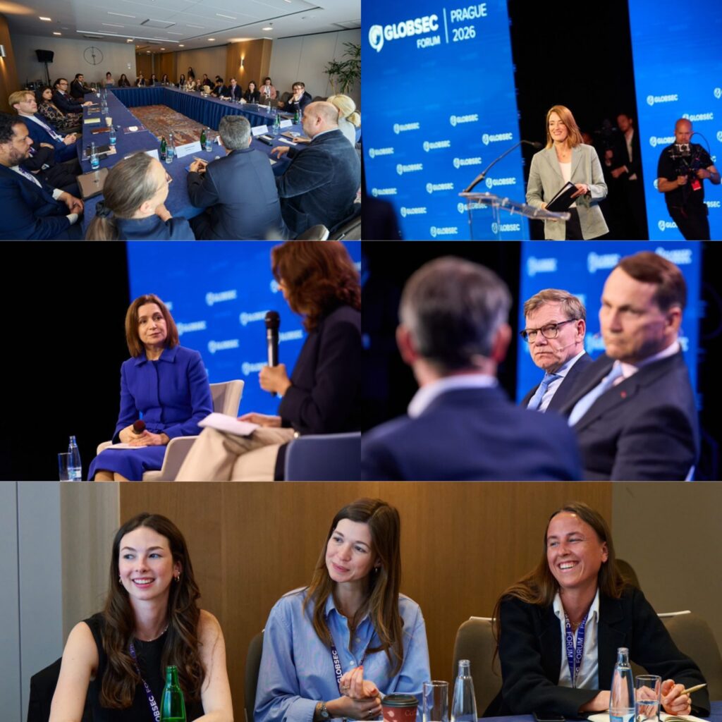 صورة مجمعة لفعاليات مؤتمر غلوبسيك 2026 في براغ، تتضمن لقطات لاجتماعات طاولة مستديرة مكثفة، ومسؤولات بارزات مثل رئيسة مولدوفا مايا ساندو أثناء حديثها على المنصة الزرقاء المميزة للمؤتمر، بالإضافة إلى نقاشات تفاعلية تجمع بين القادة السياسيين والقيادات الشابة