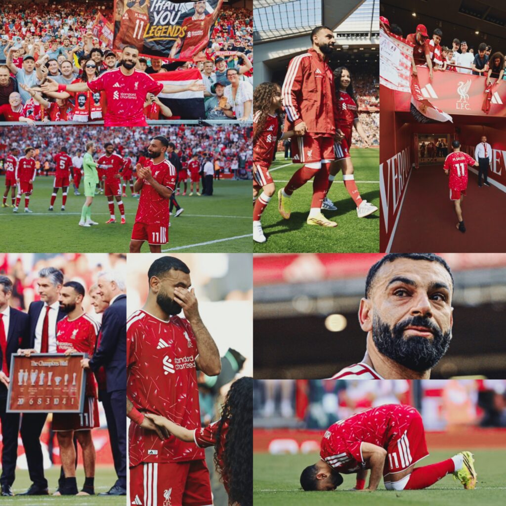 صور مجمعة لمحمد صلاح، يرتدي قميص ليفربول الأحمر، يقف في وسط ملعب أنفيلد المزدحم. يلوح صلاح بيده للجماهير في المدرجات المكتظة، وتعبيره يظهر التأثر والابتسامة. الجماهير تصفق وتحمل لافتات وداع، بعضها يحمل كلمات مثل 'MO SALAH' و'OUR EGYPTIAN KING' و'شكراً لك'. الخلفية عبارة عن مدرجات مكتظة، وشعار نادي ليفربول مرئي بوضوح. الإضاءة طبيعية في يوم المباراة الوداعية