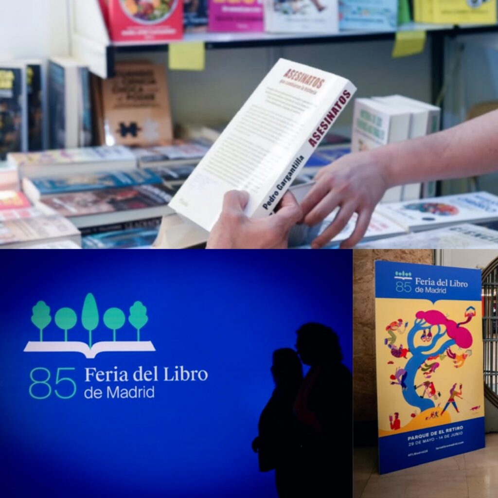 صورة مجمعة من ثلاث لقطات؛ في الأعلى يدان تتصفحان كتاباً باللغة الإسبانية، وفي الأسفل يساراً شعار الدورة 85 من معرض مدريد للكتاب 2026 المضيء بخلفية زرقاء مع ظلال داكنة لشخصين، وفي الأسفل يميناً ملصق المعرض الدعائي ذو الخلفية الصفراء موضوعاً على الأرض