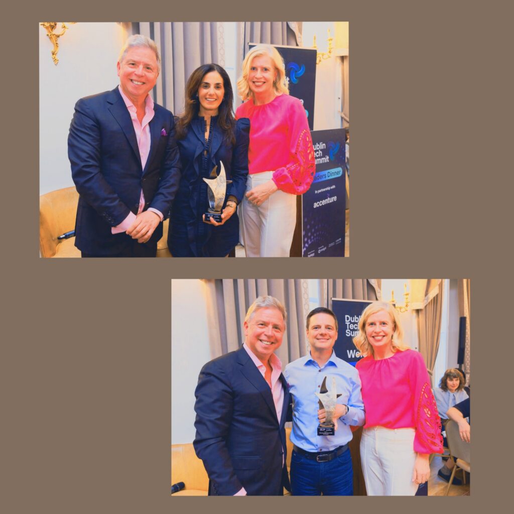 صور من حفل عشاء القادة Leaders Dinner في Dublin Tech Summit، تظهر تكريم Alvina Antar بجائزة Grace Hopper Award، وتكريم Eric Mosley بجائزة Visionary Leader Award بالشراكة مع Accenture