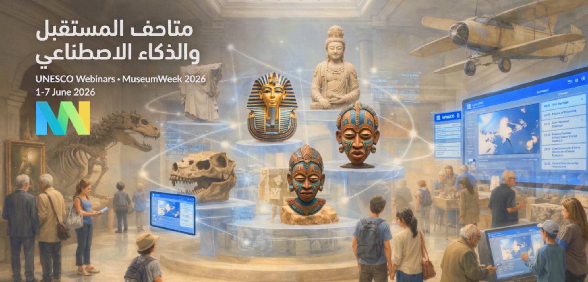 تصميم فني يصور قاعة متحف تفاعلية متطورة يتوسطها عرض ثلاثي الأبعاد لقطع أثرية تاريخية تشمل قناعاً فرعونياً وتماثيل متنوعة وهيكل ديناصور، مع زوار يتفاعلون عبر شاشات ذكية. يتضمن التصميم نص "متاحف المستقبل والذكاء الاصطناعي" ومواعيد ندوات منظمة الأمم المتحدة للتربية والعلم والثقافة اليونسكو ضمن فعاليات أسبوع المتاحف لعام 2026