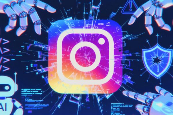 صورة توضيحية لروبوت ذكاء اصطناعي داخل شعار إنستغرام يتعرض للاختراق من قبل أيدٍ روبوتية، مع تأثيرات glitch وشاشة مكسورة، تعبيراً عن ثغرة أمنية في نظام ميتا إيه آي
