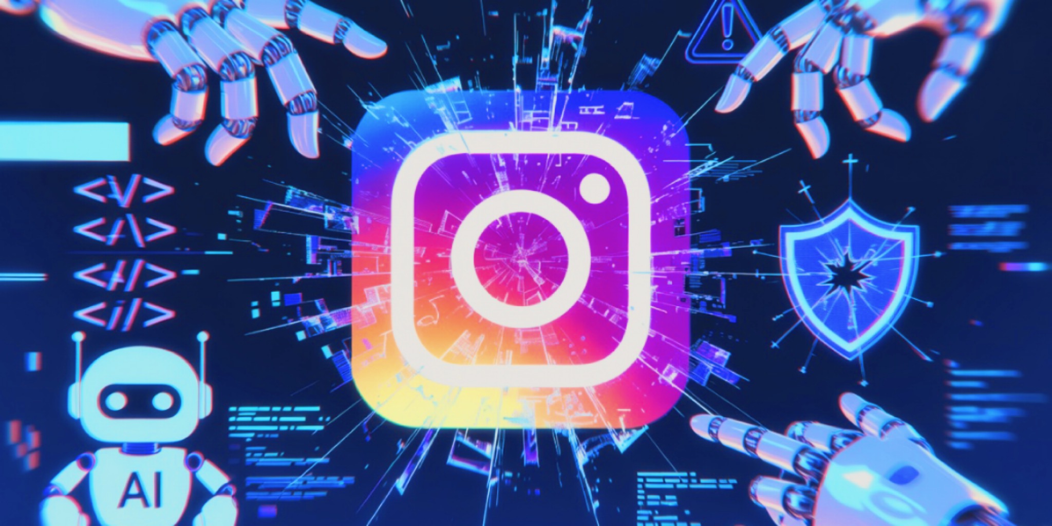 صورة توضيحية لروبوت ذكاء اصطناعي داخل شعار إنستغرام يتعرض للاختراق من قبل أيدٍ روبوتية، مع تأثيرات glitch وشاشة مكسورة، تعبيراً عن ثغرة أمنية في نظام ميتا إيه آي