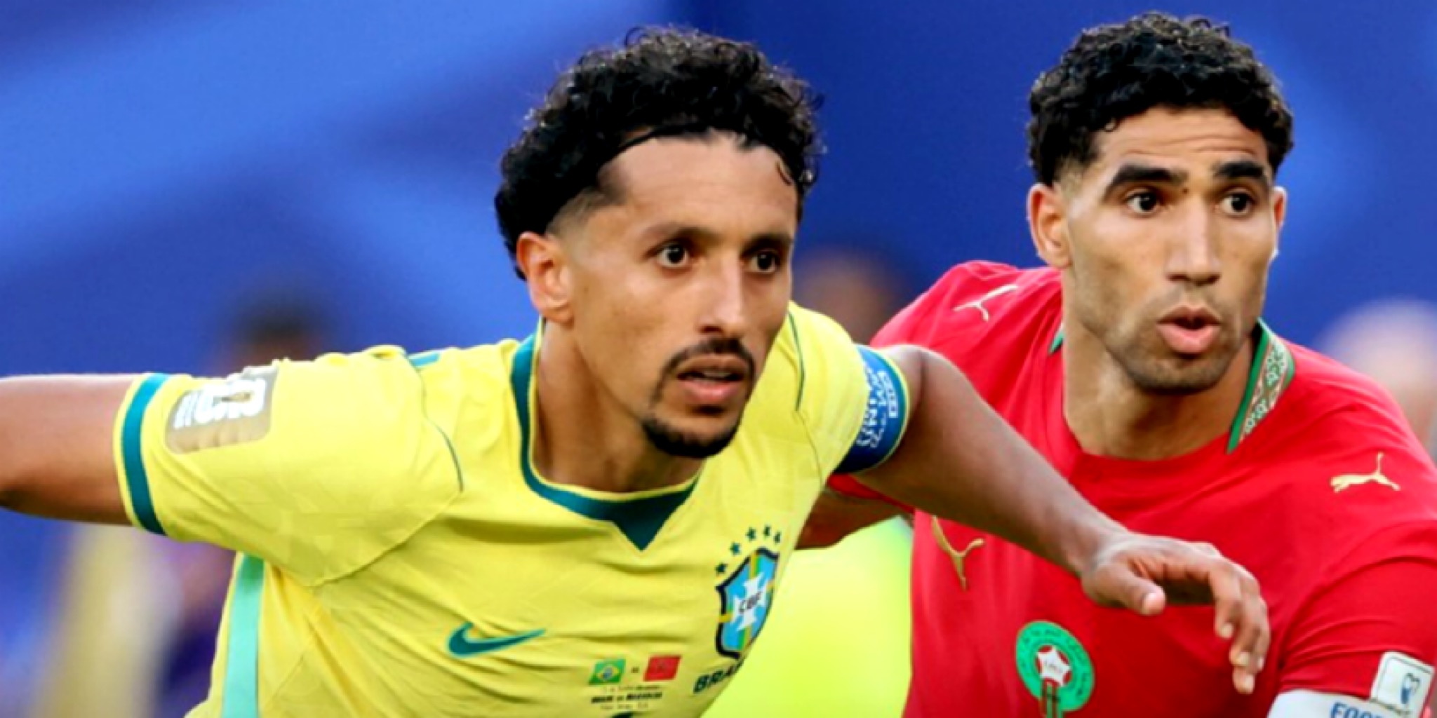 صراع ثنائي قوي بين المدافع البرازيلي ماركينيوس ونجم المنتخب المغربي أشرف حكيمي خلال مباراة الفريقين