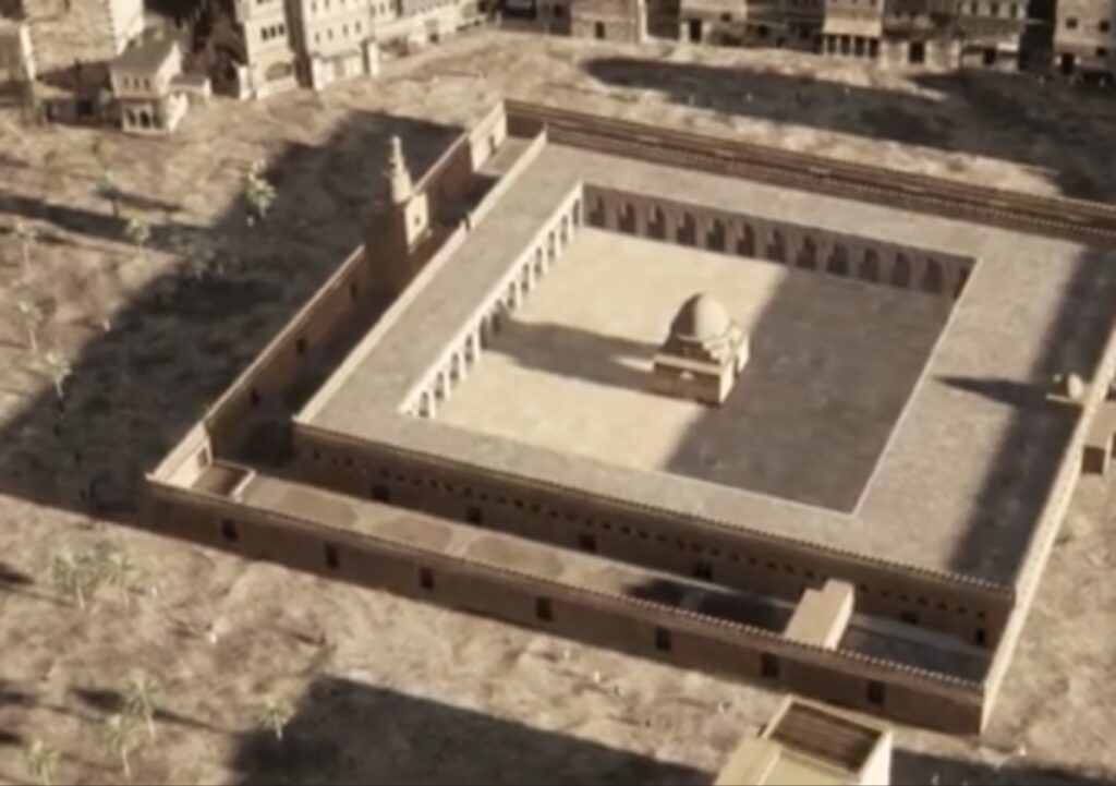 لقطة علوية للتخطيط المعماري الشامل لجامع أحمد بن طولون ضمن مشاهد فيلم ابن طولون الوثائقي