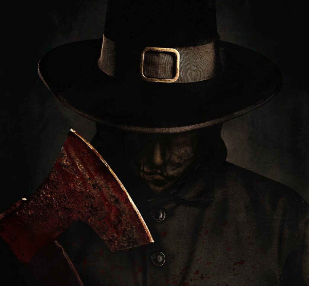 القاتل المتسلسل يحمل فأساً ملطخاً بالدماء في ملصق فيلم Thanksgiving