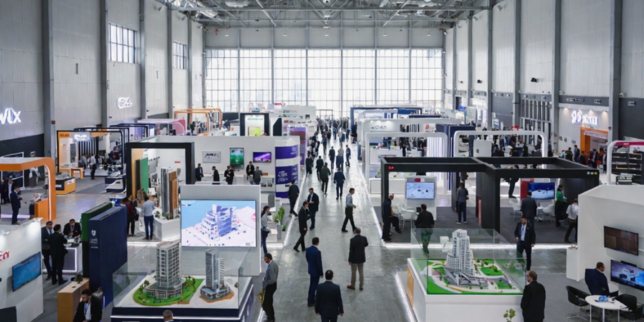 تصميم تخيلي يوضح أجنحة العارضين والمجسمات الهندسية استعداداً لانطلاق معرض التميز في البناء