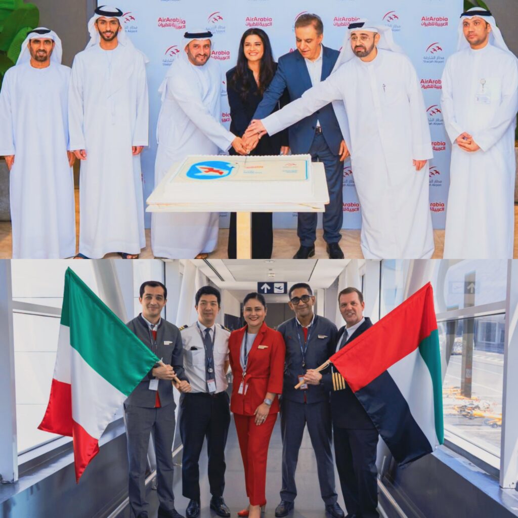 مسؤولون يقطعون كعكة احتفالية وأطقم الطيران يحملون أعلام الإمارات وإيطاليا لتدشين رحلات العربية للطيران لروما