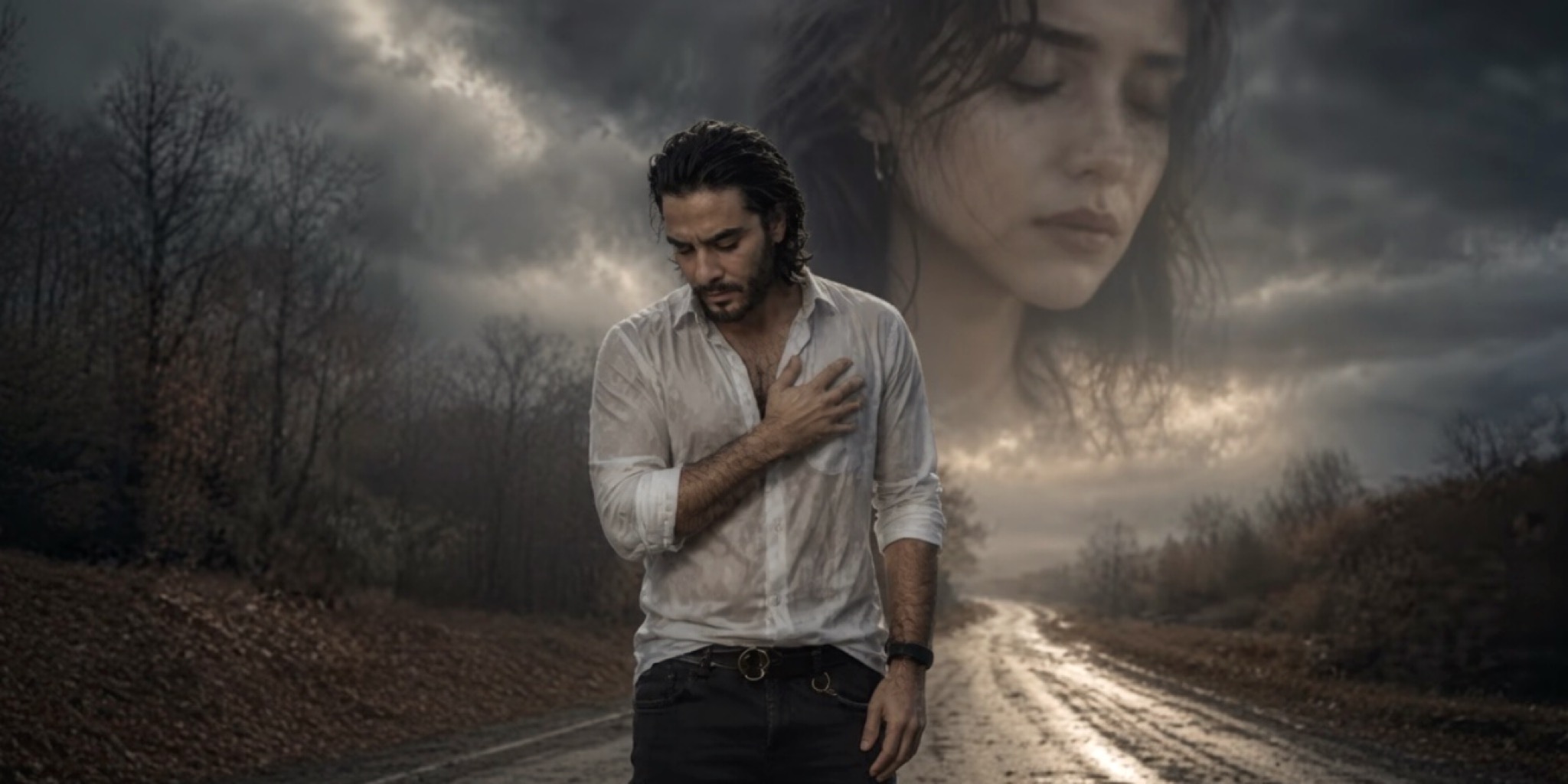إسماعيل يك بقميص مبلل يضع يده على قلبه وسط طريق مهجور تحت سماء غائمة، بينما يظهر طيف لامرأة في الخلفية، ليعبر عن صدمة الخيانة في أغنية Her Şeyin Yalan