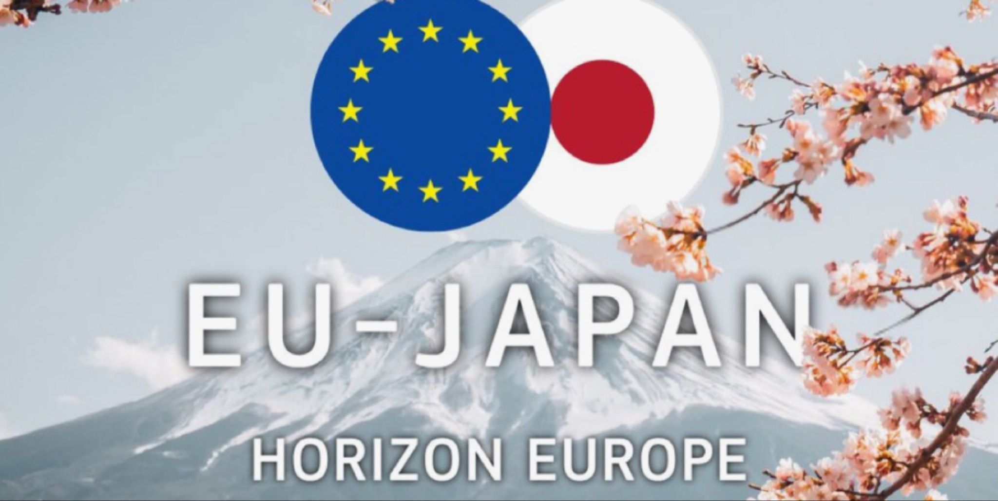 تصميم يجسد انضمام اليابان Horizon Europe، يعرض علمي الاتحاد الأوروبي واليابان معاً فوق جبل فوجي المحاط بأزهار الكرز، مع نص EU-JAPAN