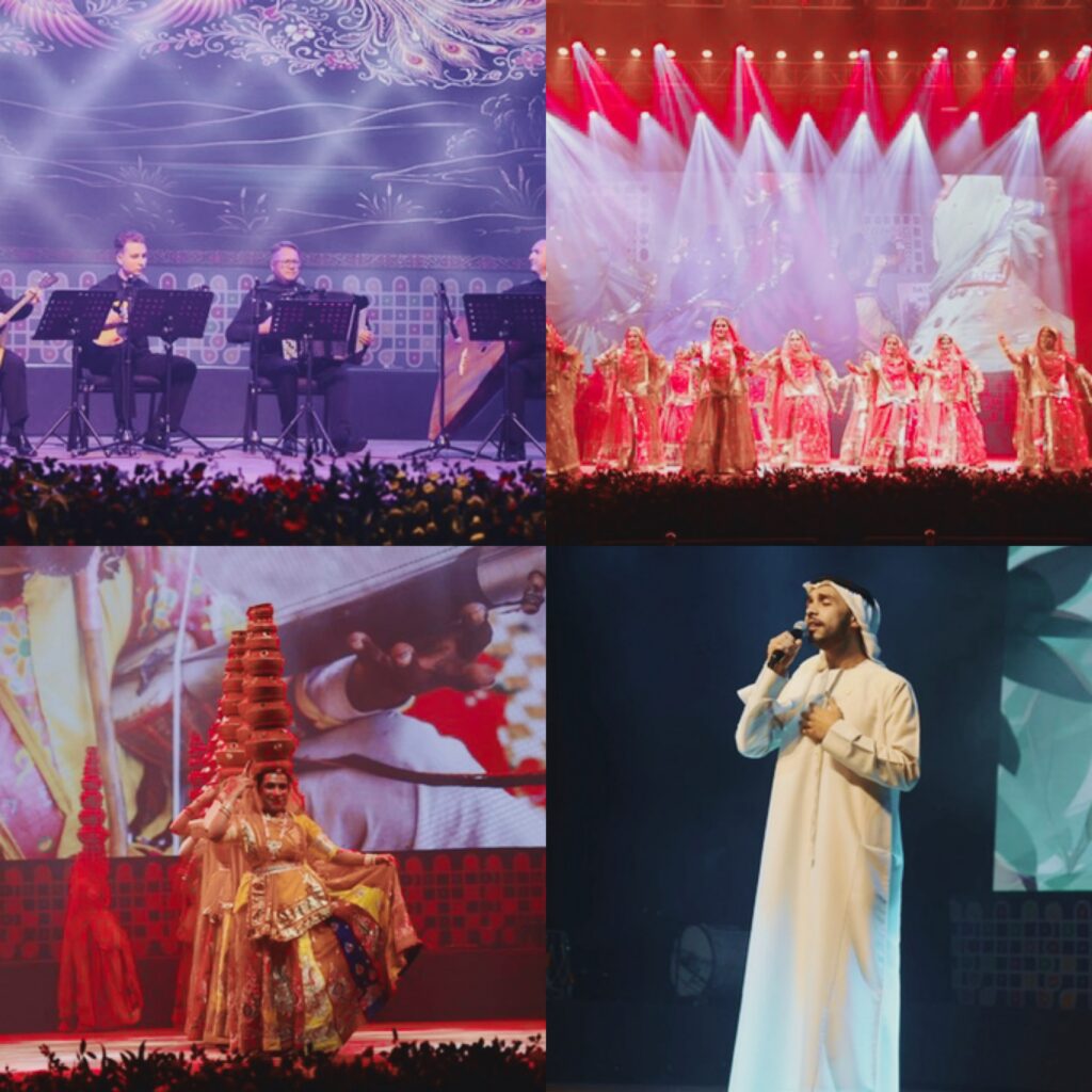 صورة مجمعة لأربعة عروض من مهرجان BRICS Cultural Festival، تظهر عازفين كلاسيكيين من روسيا، راقصات فلكلور من الهند، استعراض توازن الأواني الهندية، والمطرب الإماراتي سيف العلي أثناء الغناء