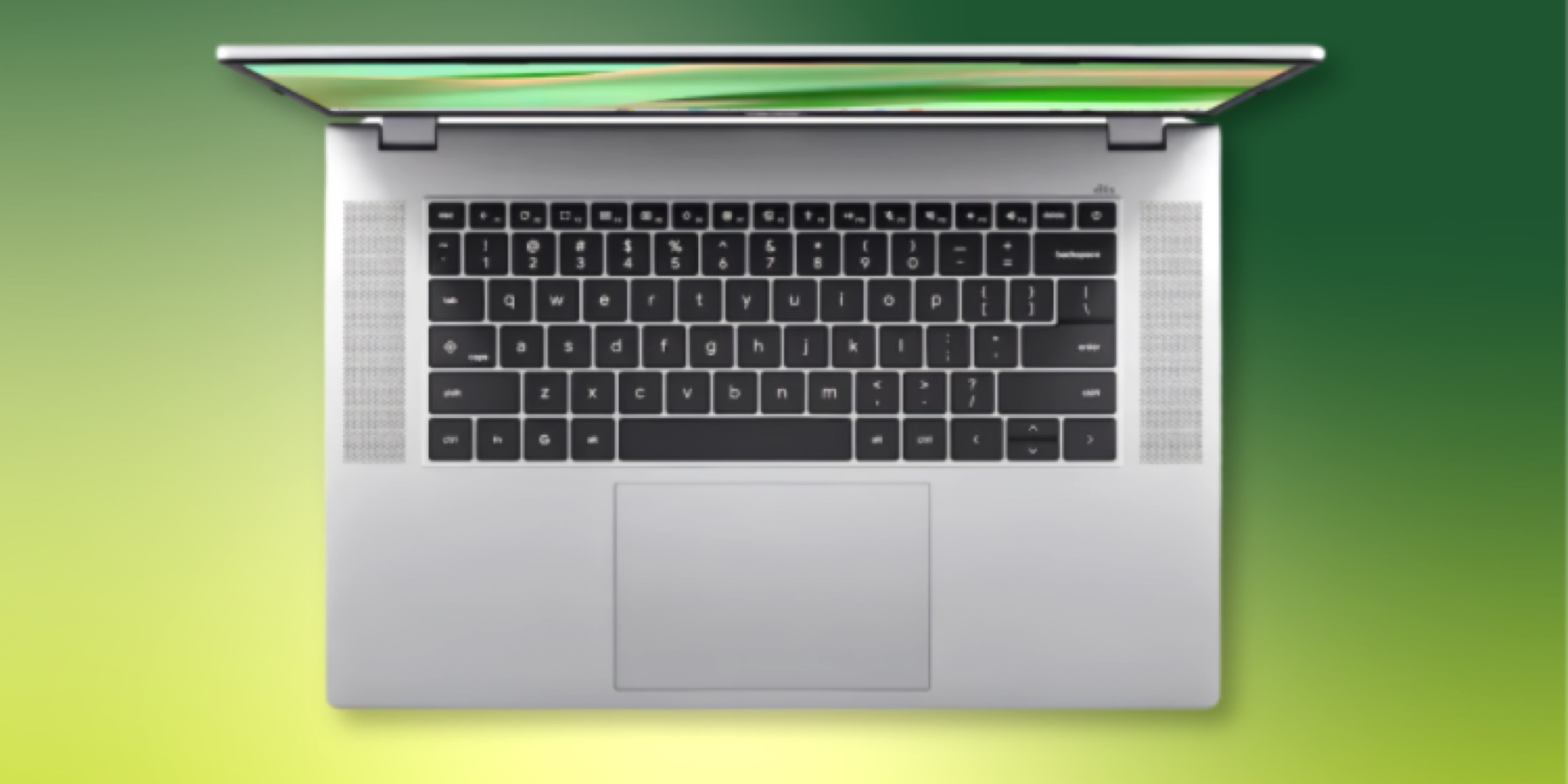 نظرة علوية للوحة المفاتيح ومكبرات الصوت الجانبية ولوحة اللمس الواسعة في حاسوب Acer Chromebook 315