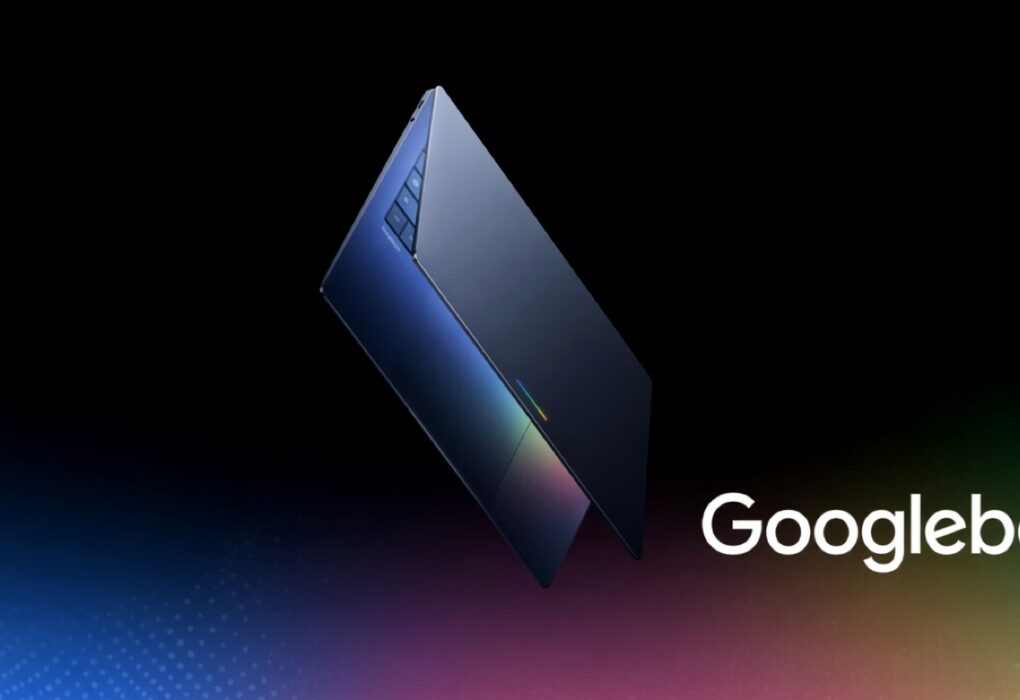 حاسوب Googlebook محمول بتصميم عصري وألوان داكنة مضيئة يعكس التطور التقني لآلية تحديثات أجهزة Googlebook الجديدة