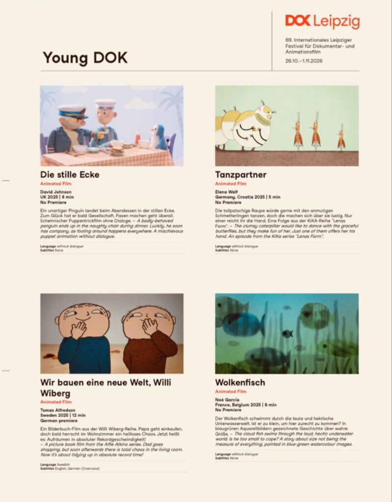 قائمة بعروض أفلام الرسوم المتحركة المخصصة للأطفال الصغار المشاركة ضمن فعاليات قسم Young DOK في مهرجان لايبزيغ