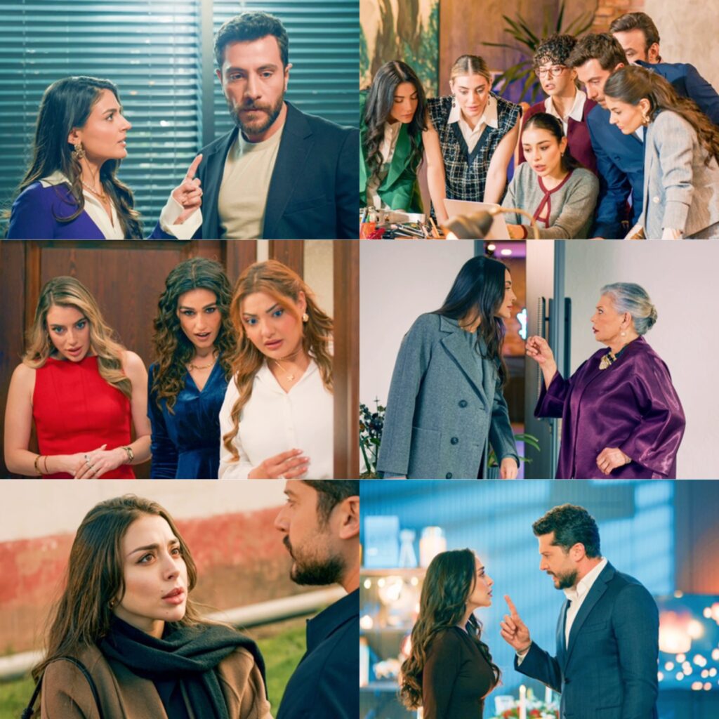 مجموعة لقطات مجمعة لأبطال مسلسل حب ع ورق تعكس أجواء التوتر والصراع الدرامي في مشاهد مختلفة