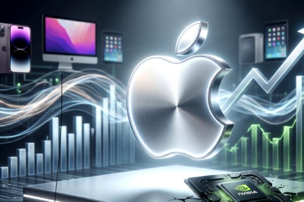 صورة رمزية تظهر شعار آبل المضاء والمنتصر في المقدمة ليعكس صدارة سوق التكنولوجيا العالمي، بينما يقبع شعار إنفيديا المظلم والمكسور خلفه مع رسوم بيانية متباينة